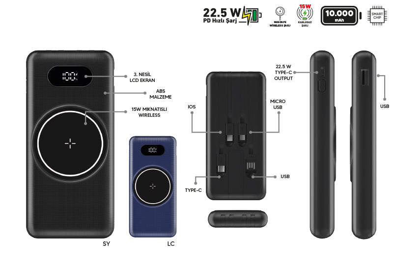 10,000mAh Power Bank with 22.5W & 15W Wireless Charging - Black Portable Charger