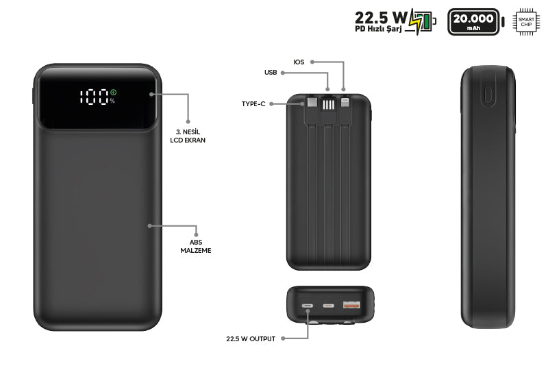 Powerbank van 20.000 mAh met 22,5 W snelladen - draagbare oplader met LCD-scherm