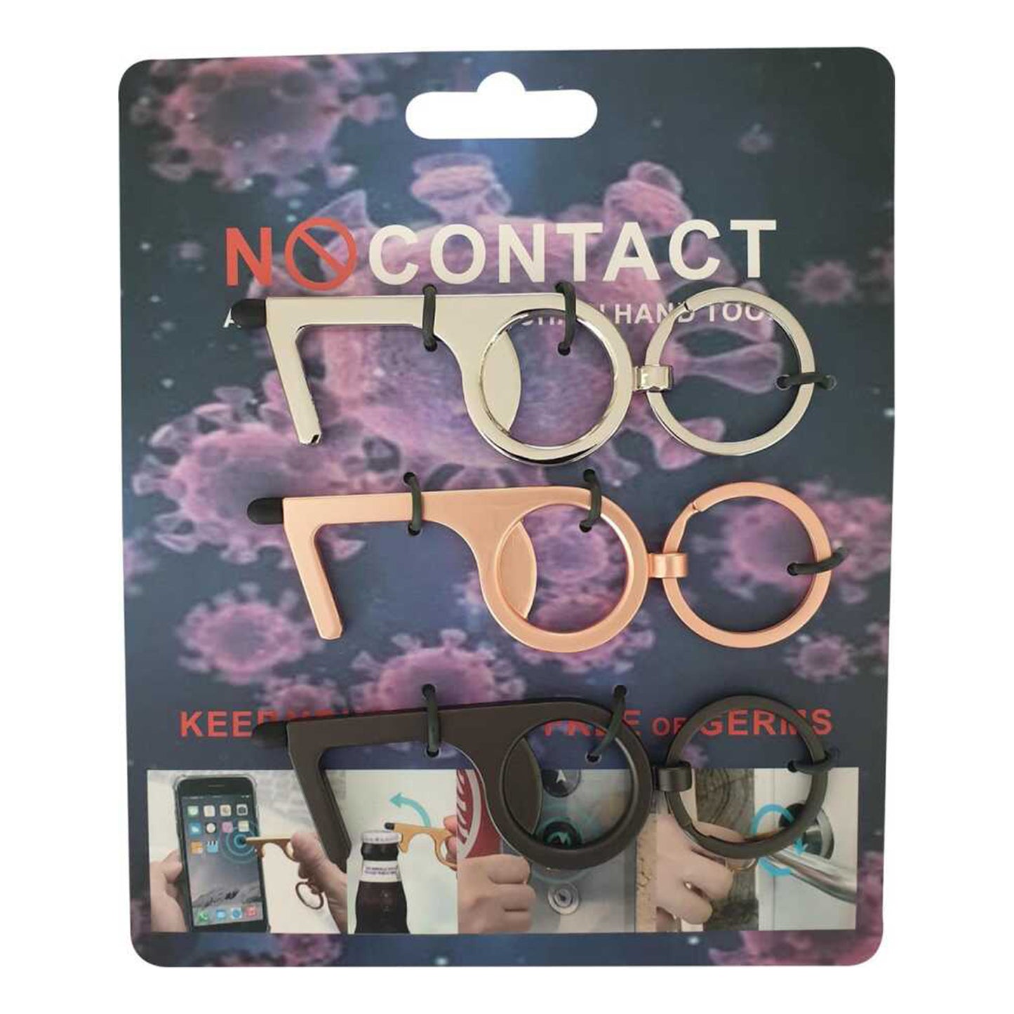 3-Pack Bottle Opener Keychain - No Touch Key Various Colors