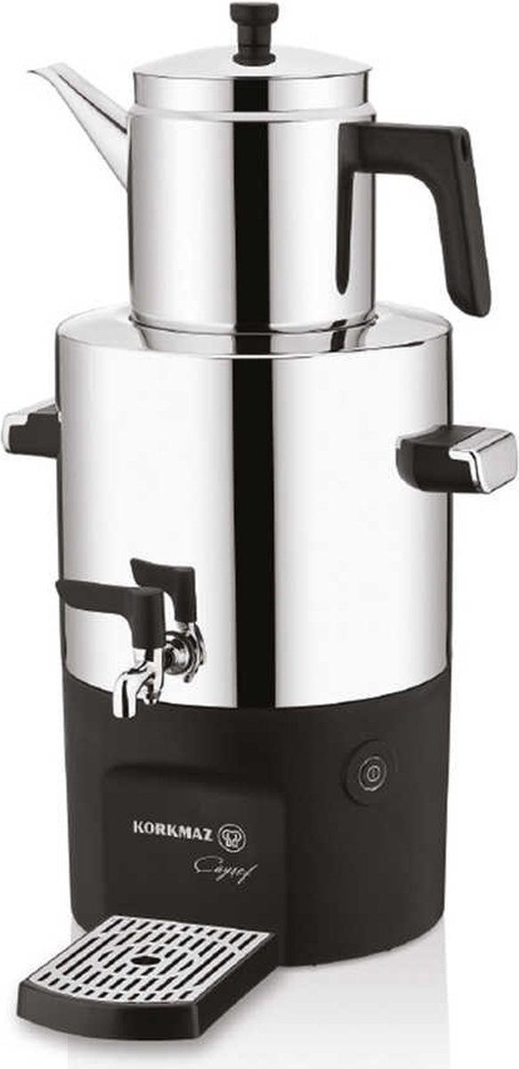 Korkmaz Caysef Inox Electric Turkish Tea Pot - Professional Samovar for Offices & Workplace Kitchens - Serves 35 Glasses of Perfect Traditional Tea