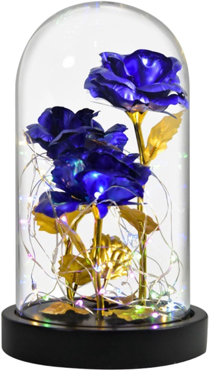 Galaxy Rose Lamp Blue with Colorful LED Rose Flowers in Glass Dome - Battery Powered Romantic Gift