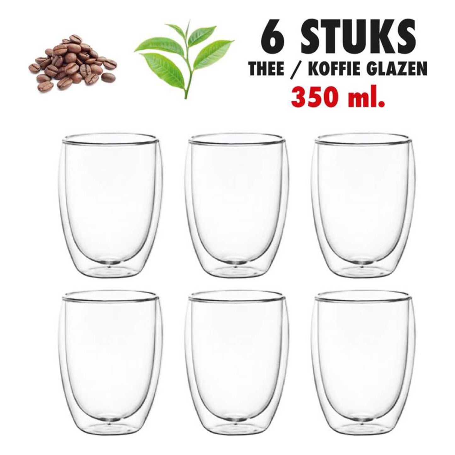 6x Double Wall Coffee Glasses 350 ml - Glass Cappuccino Cup - Latte Glass - Double Wall Tea Glass - Tea - Espresso - Coffee