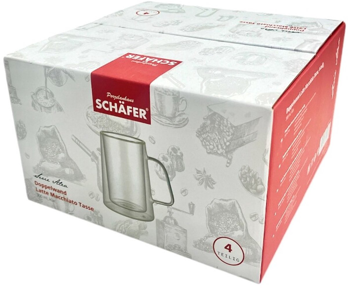 Schafer Latte Macchiato Glasses 300ml - Double Wall Glass with Handle - Transparent Set of 4 - Insulated Coffee Glasse