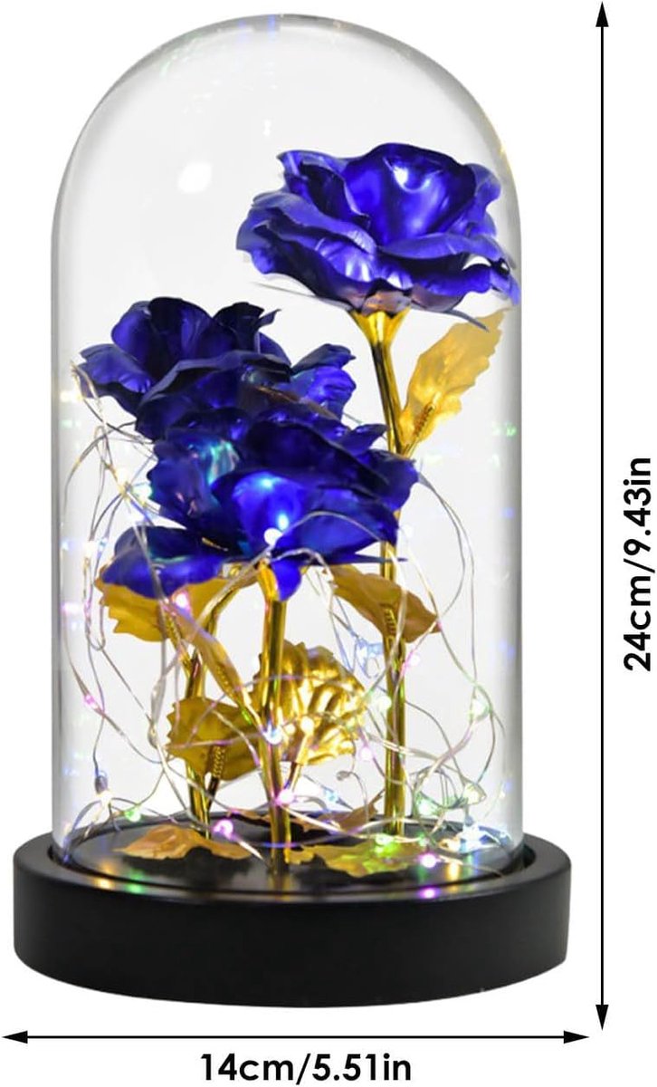 Galaxy Rose Lamp Blue with Colorful LED Rose Flowers in Glass Dome - Battery Powered Romantic Gift