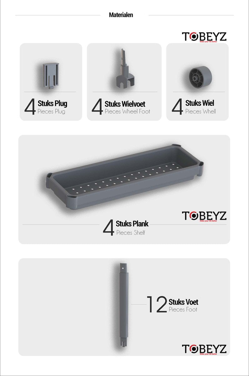 TOBEYZ Premium Slim Storage Trolley Black - 4-Tier Mobile Kitchen Bathroom Organizer Cart with Wheels