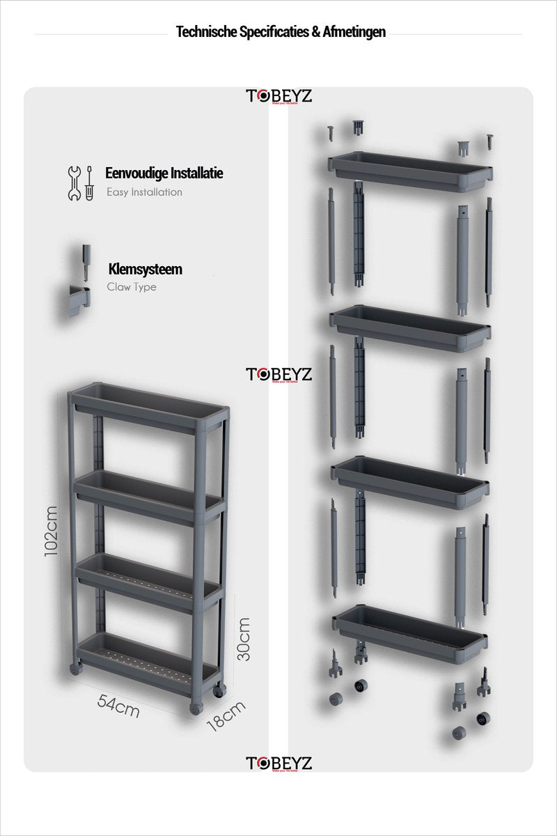 TOBEYZ Premium Slim Storage Trolley Black - 4-Tier Mobile Kitchen Bathroom Organizer Cart with Wheels