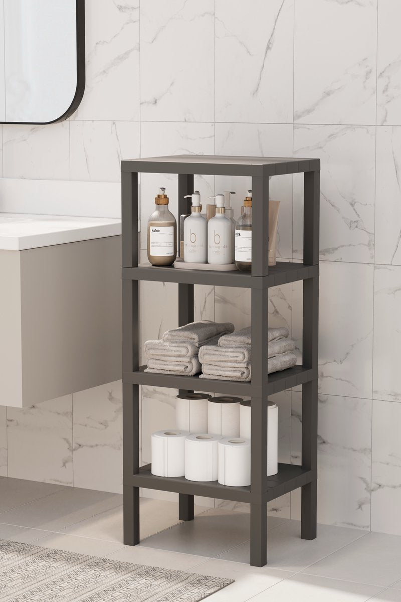 TOBEYZ Premium 4-Tier Standing Storage Rack Grey - BPA-Free Multi-Purpose Bathroom Kitchen Organizer Shelf System