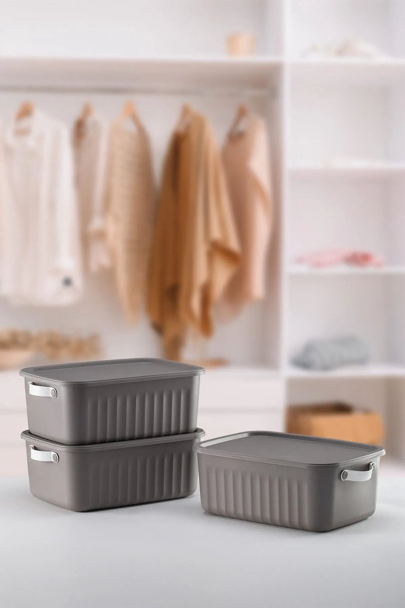 Tobeyz 3-Pack 10L Multi-Purpose Organizer Boxes with Lids - Grey Decorative Storage Containers