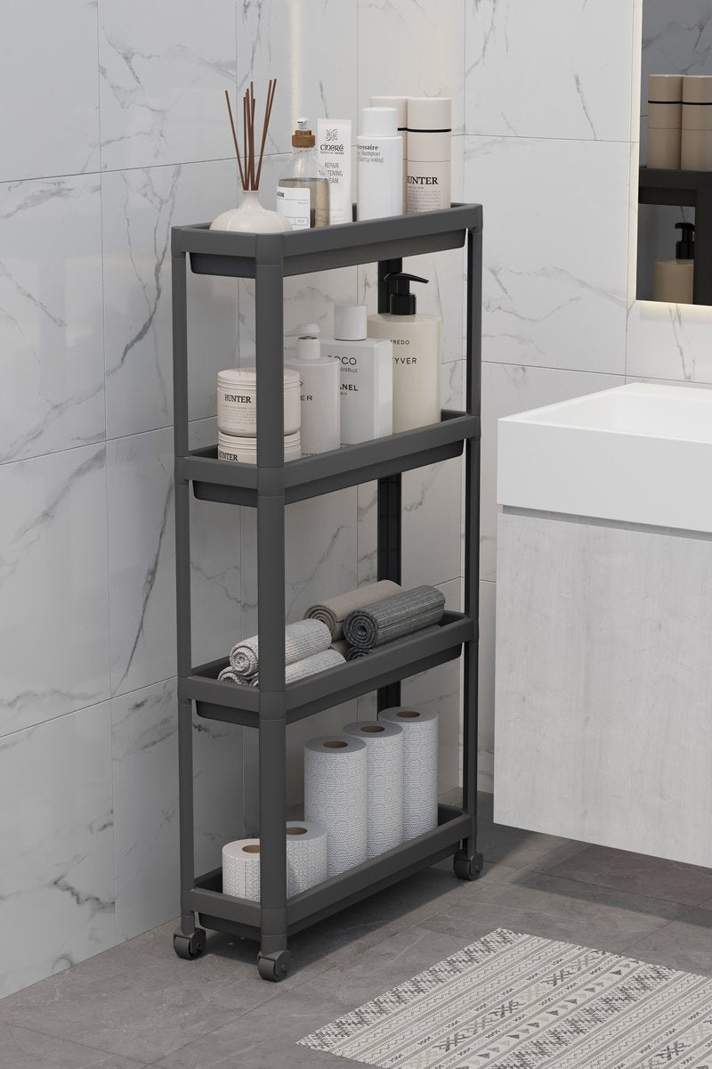 TOBEYZ Premium Slim Storage Trolley Black - 4-Tier Mobile Kitchen Bathroom Organizer Cart with Wheels