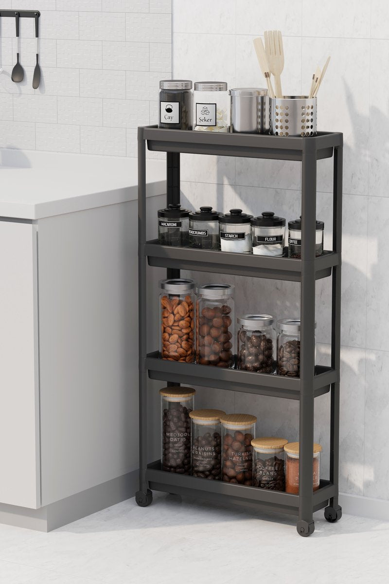 TOBEYZ Premium Slim Storage Trolley Black - 4-Tier Mobile Kitchen Bathroom Organizer Cart with Wheels