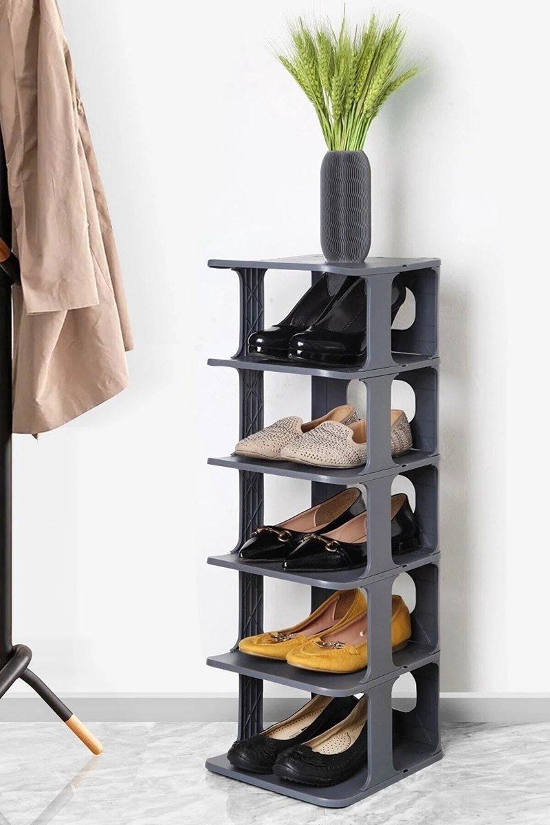 6-Compartment Black Plastic Shoe Rack - Hallway Entryway Storage Organizer