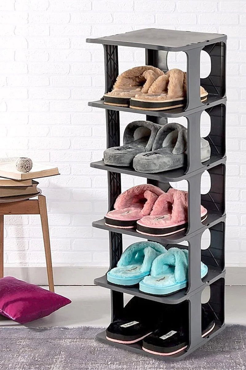 6-Compartment Black Plastic Shoe Rack - Hallway Entryway Storage Organizer