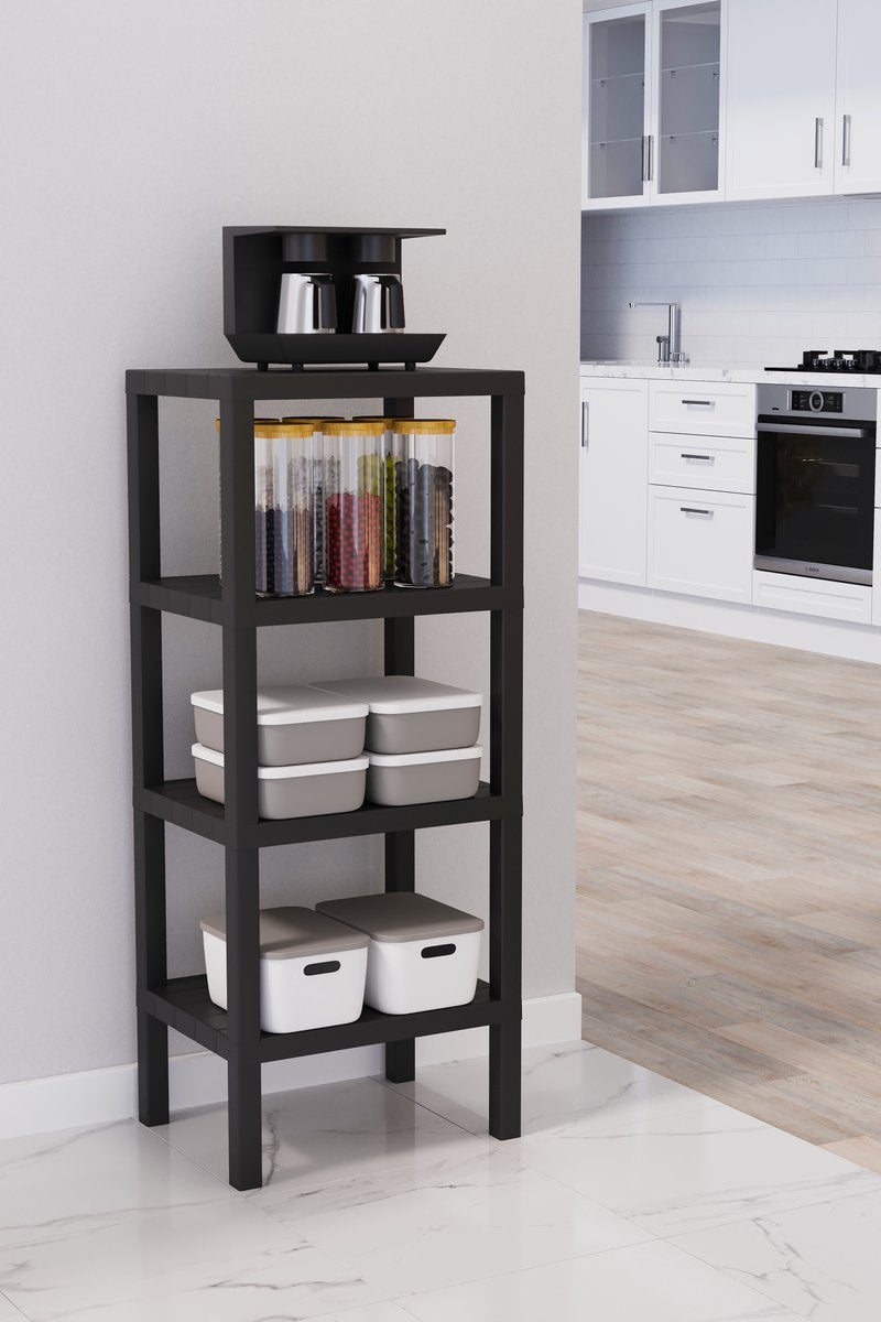 TOBEYZ Premium 4-Tier Standing Storage Rack Black - BPA-Free Multi-Purpose Bathroom Kitchen Organizer Shelf System