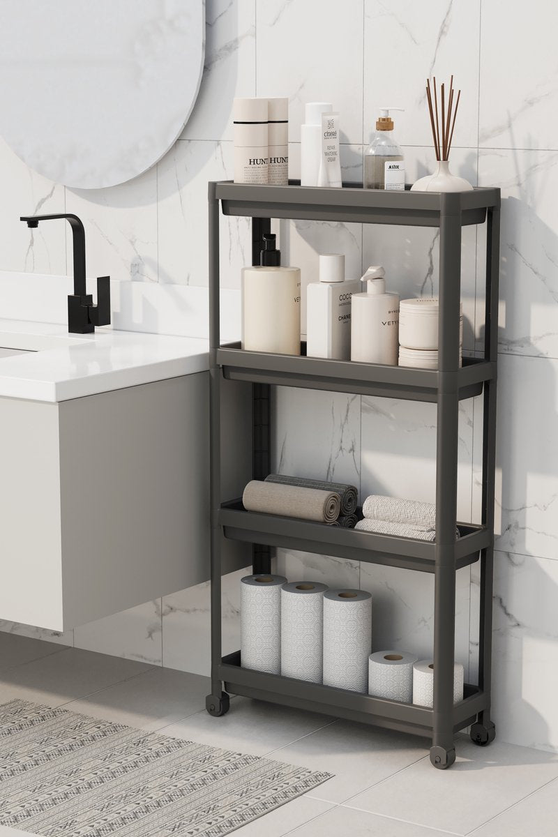 TOBEYZ Premium Slim Storage Trolley Black - 4-Tier Mobile Kitchen Bathroom Organizer Cart with Wheels