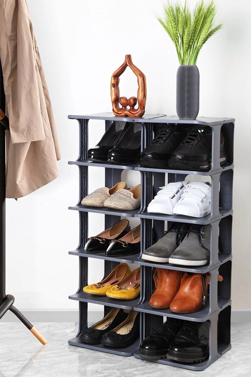 6-Compartment White Plastic Shoe Rack - Hallway Entryway Storage Organizer