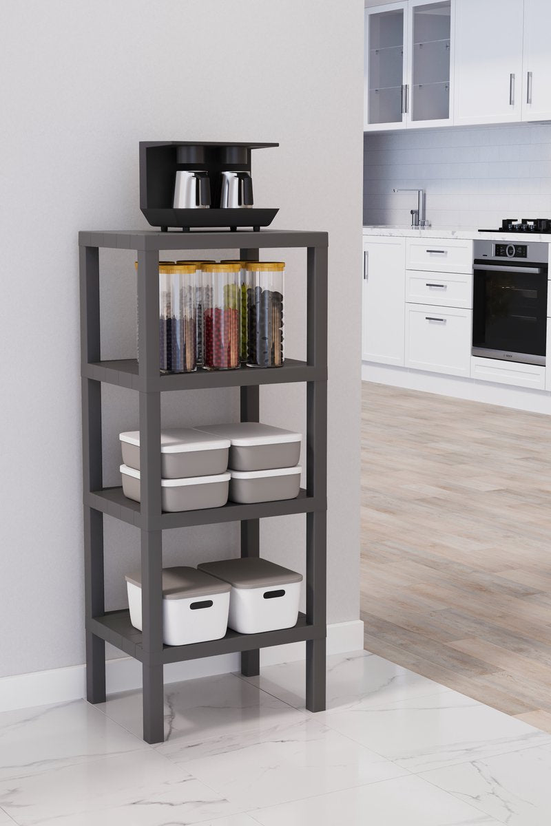 TOBEYZ Premium 4-Tier Standing Storage Rack Grey - BPA-Free Multi-Purpose Bathroom Kitchen Organizer Shelf System