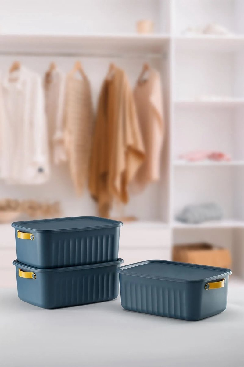 Tobeyz 3-Pack 10L Multi-Purpose Organizer Boxes with Lids - Navy Decorative Storage Containers