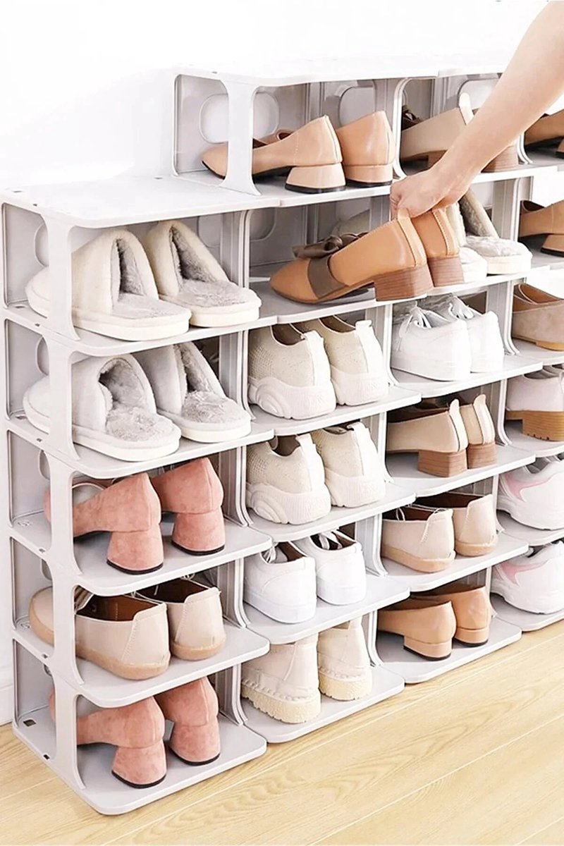 6-Compartment White Plastic Shoe Rack - Hallway Entryway Storage Organizer