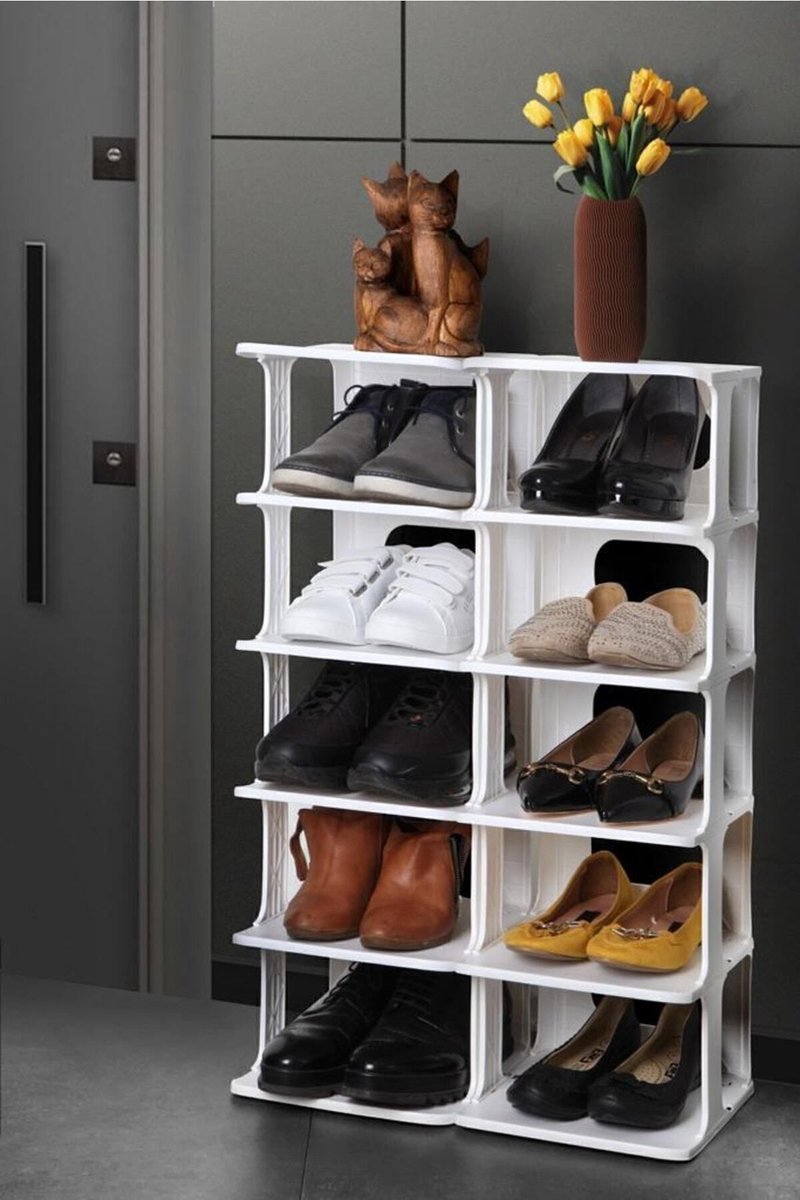6-Compartment White Plastic Shoe Rack - Hallway Entryway Storage Organizer