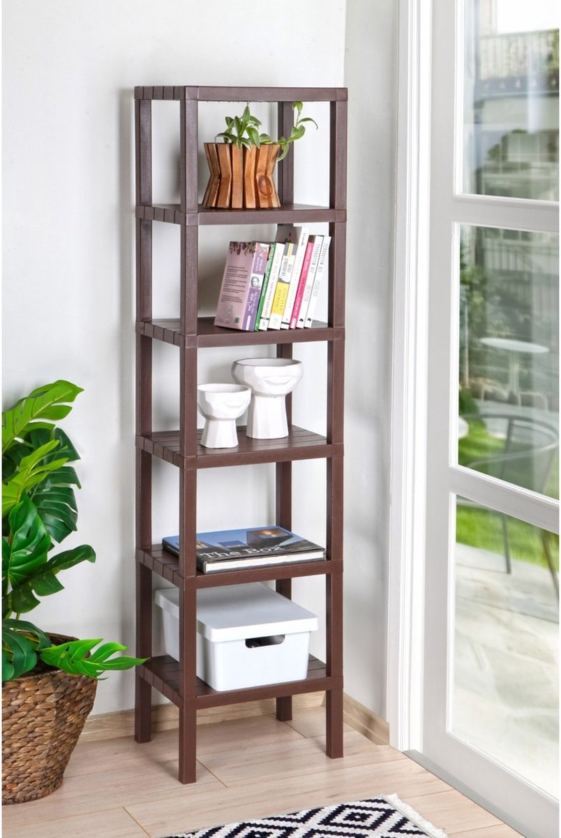 Premium 6-Tier Standing Storage Rack in Brown - Versatile BPA-Free Plastic Organizer for Bathroom & Kitchen with Maximum Space Efficiency