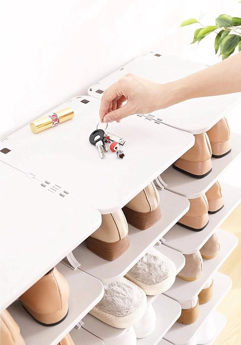 6-Compartment White Plastic Shoe Rack - Hallway Entryway Storage Organizer