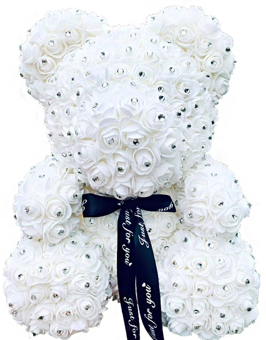 XL 40cm Luxury Rose Bear with Diamonds - White Valentine's Gift