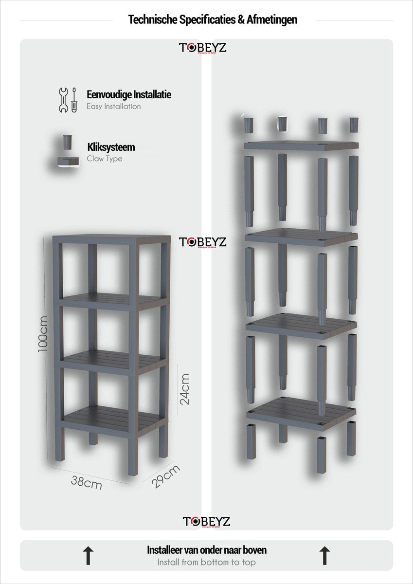 TOBEYZ Premium 4-Tier Standing Storage Rack Black - BPA-Free Multi-Purpose Bathroom Kitchen Organizer Shelf System