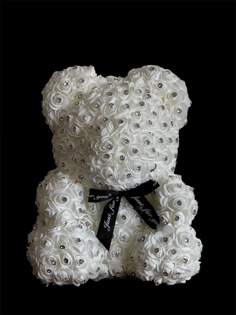 XL 40cm Luxury Rose Bear with Diamonds - White Valentine's Gift