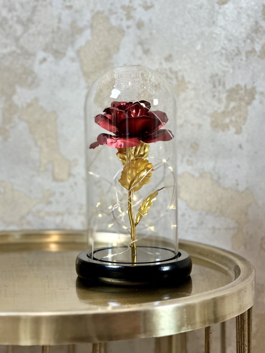 Red Eternal Rose in Glass Dome - LED Light Beauty & Beast Valentine's Gift