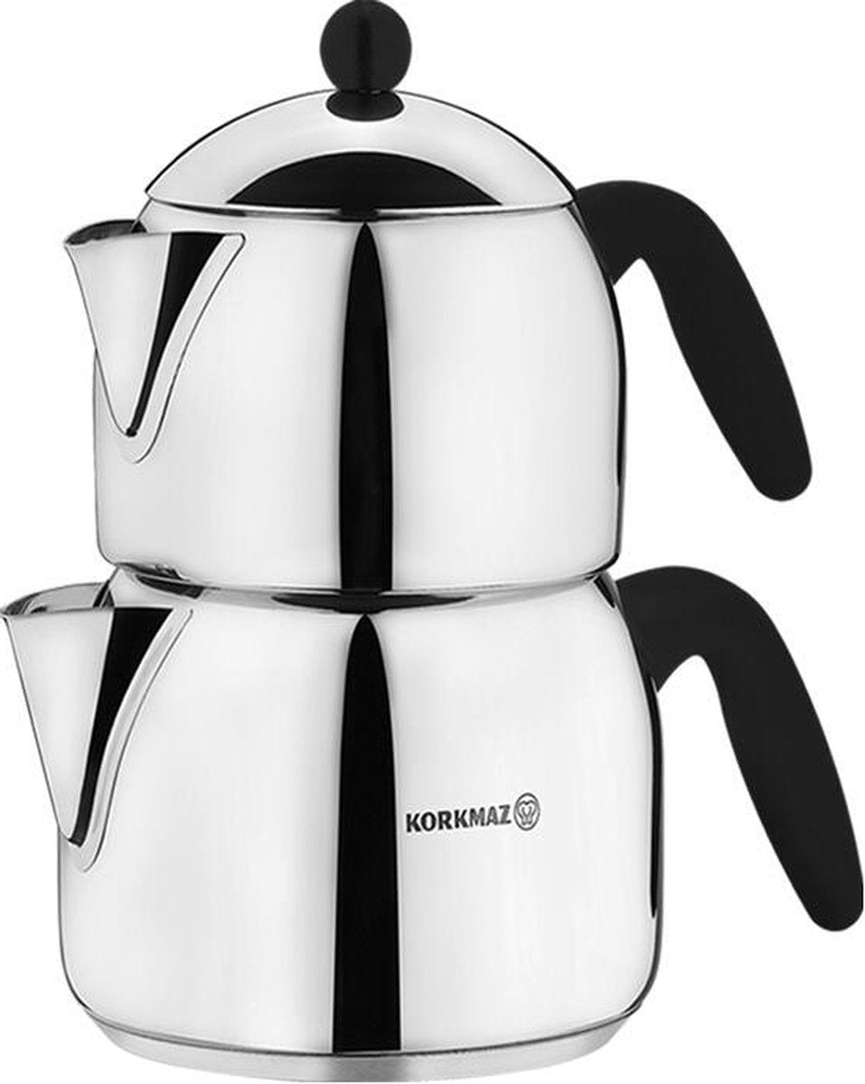 Korkmaz Orbit Maxi Turkish Teapot Set - Premium 18/10 Stainless Steel Double Samovar with Bakelite Handles - 1.2L/2L Capacity for Authentic Turkish Tea Experience