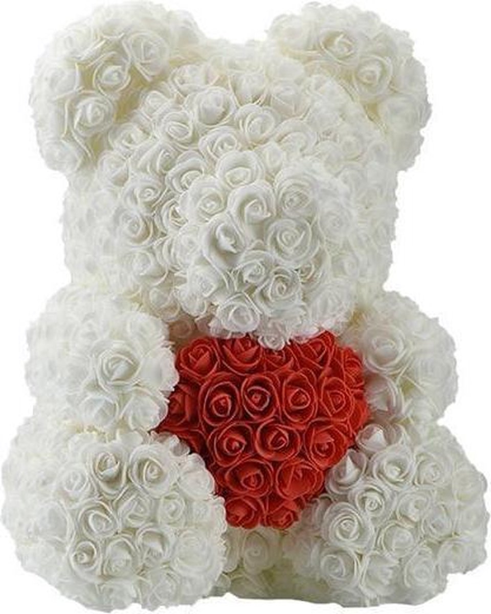 Premium Rose Teddy Bear 40cm - Romantic Valentine's Day Gift in White with Red Accents, Perfect for Baby Shower & Birth Celebration, Including Luxury Gift Box
