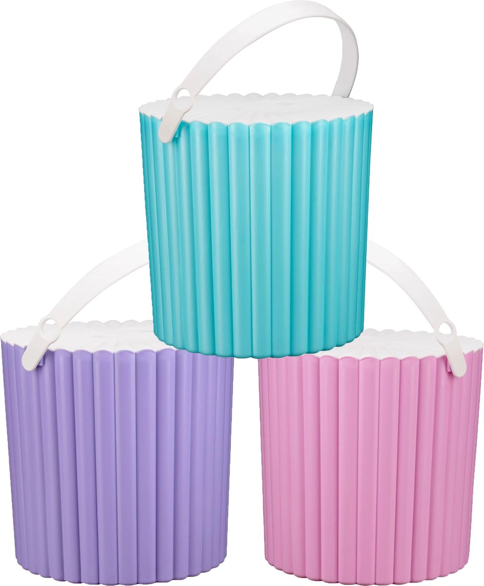 TOBEYZ Trend Multifunctional Round Bucket 12L White Lid 3-Piece Set Turquoise Lilac Pink