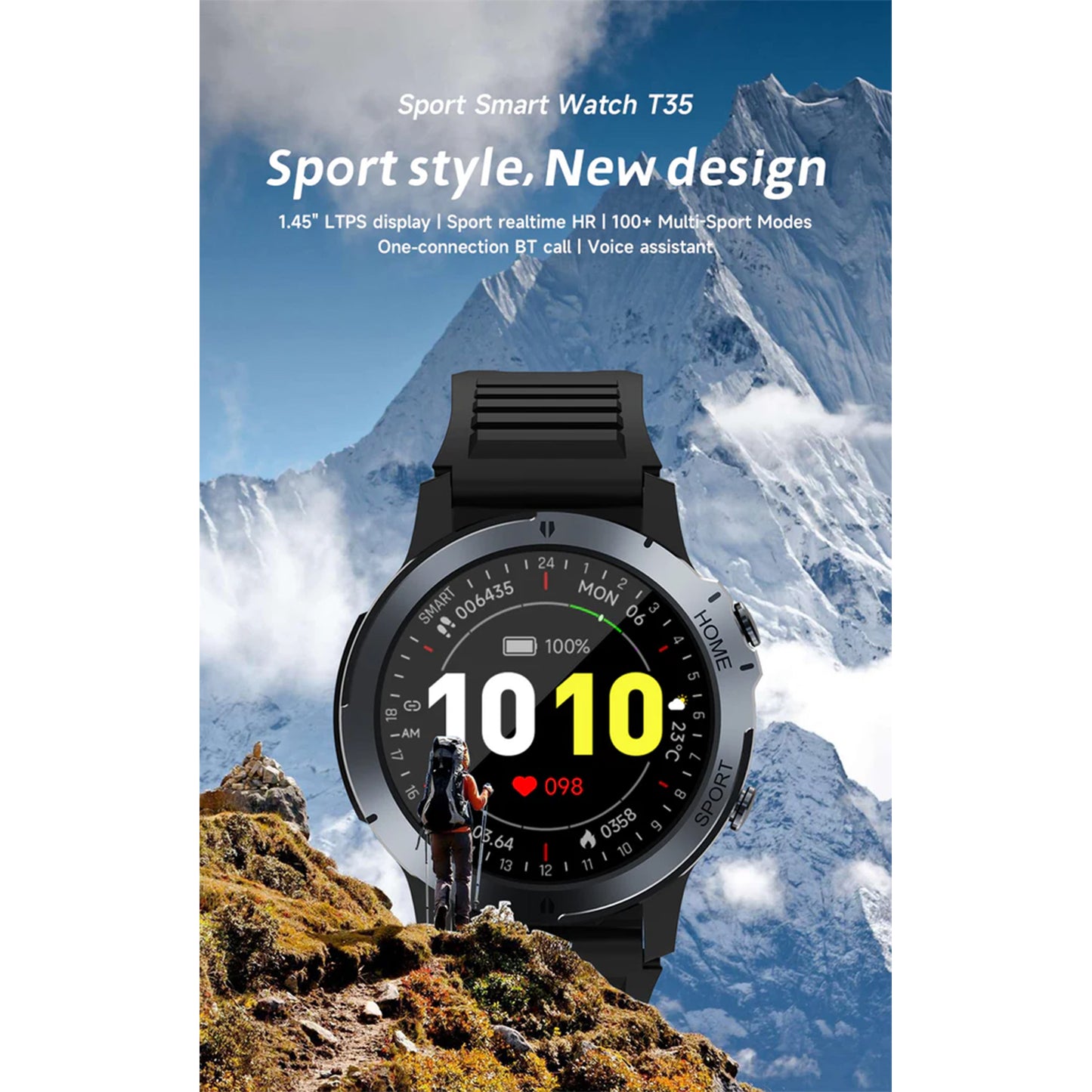 Electrox Smartwatch with Sports Functions - Round Black Fitness Tracker T35