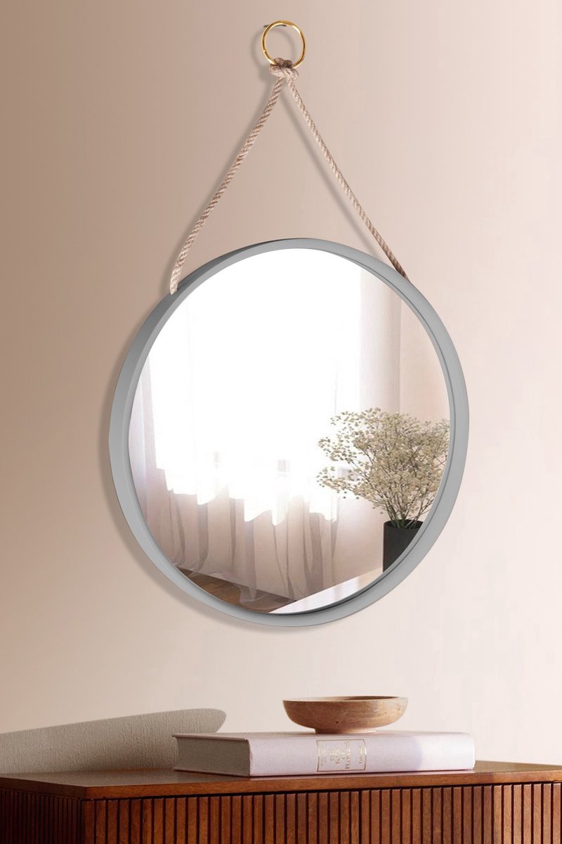 50cm Round Wall Mirror with Wooden Frame - Brown Wood Mirror with Rope Strap