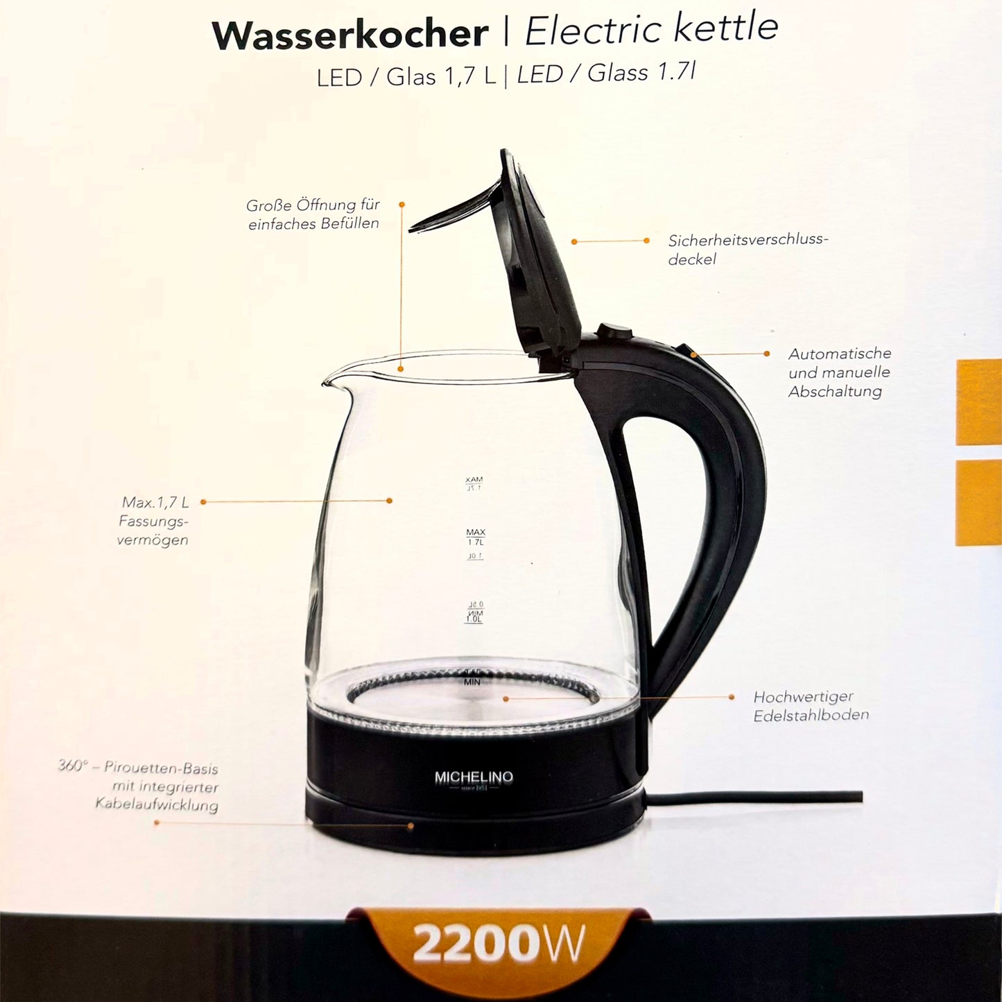 Michelino Glass Kettle 1.7L with LED Lighting