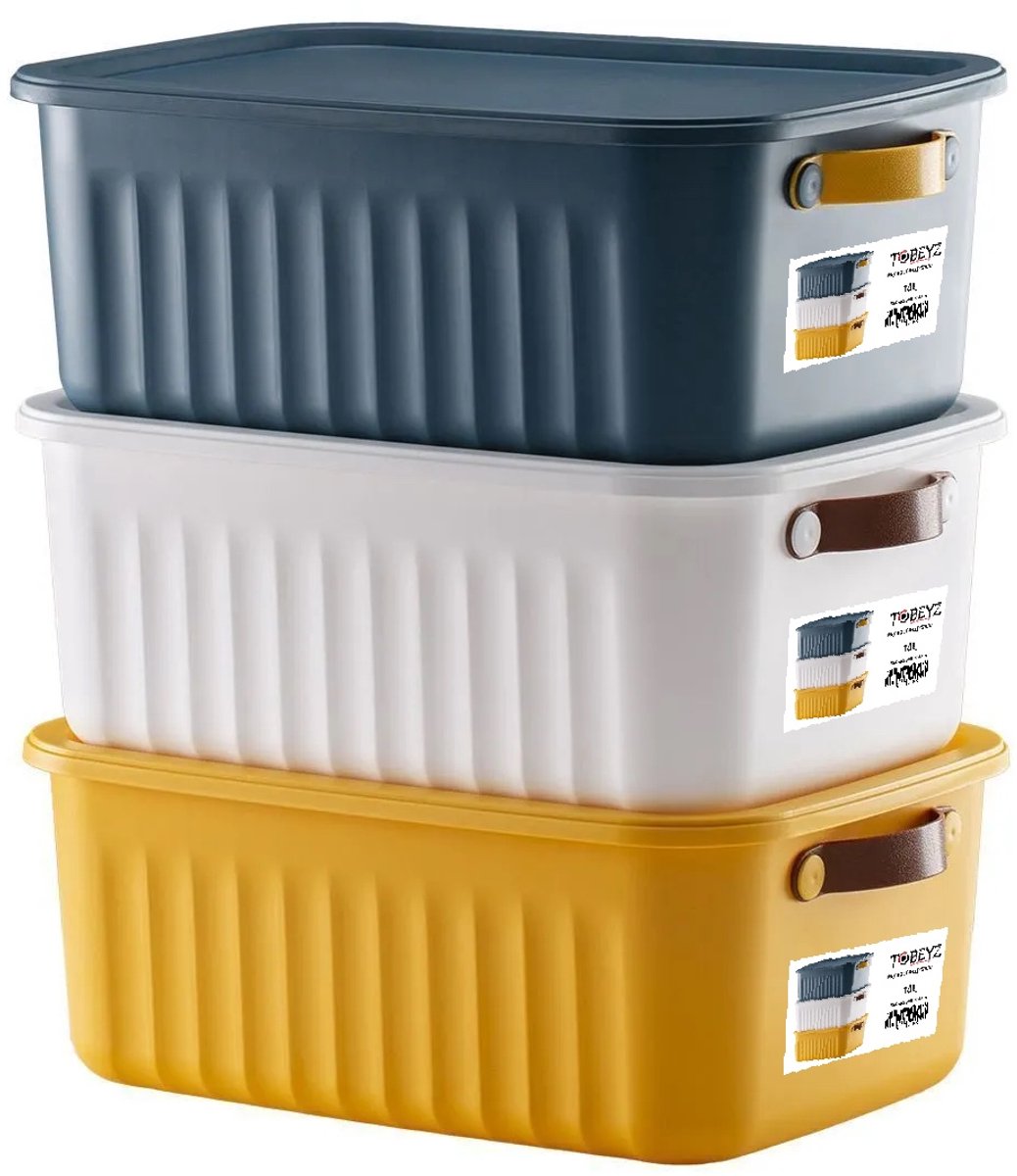 Tobeyz 10L Storage Box with Lid - BPA-Free Plastic Organizer Container - Stackable & Nestable Design - Perfect for Bathroom, Kitchen & Toy Storage - Available in Yellow, Navy & White