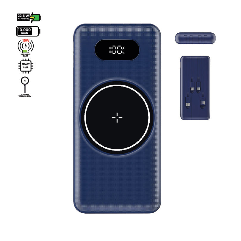 10,000mAh Power Bank with 22.5W & 15W Wireless Charging - Blue Portable Charger