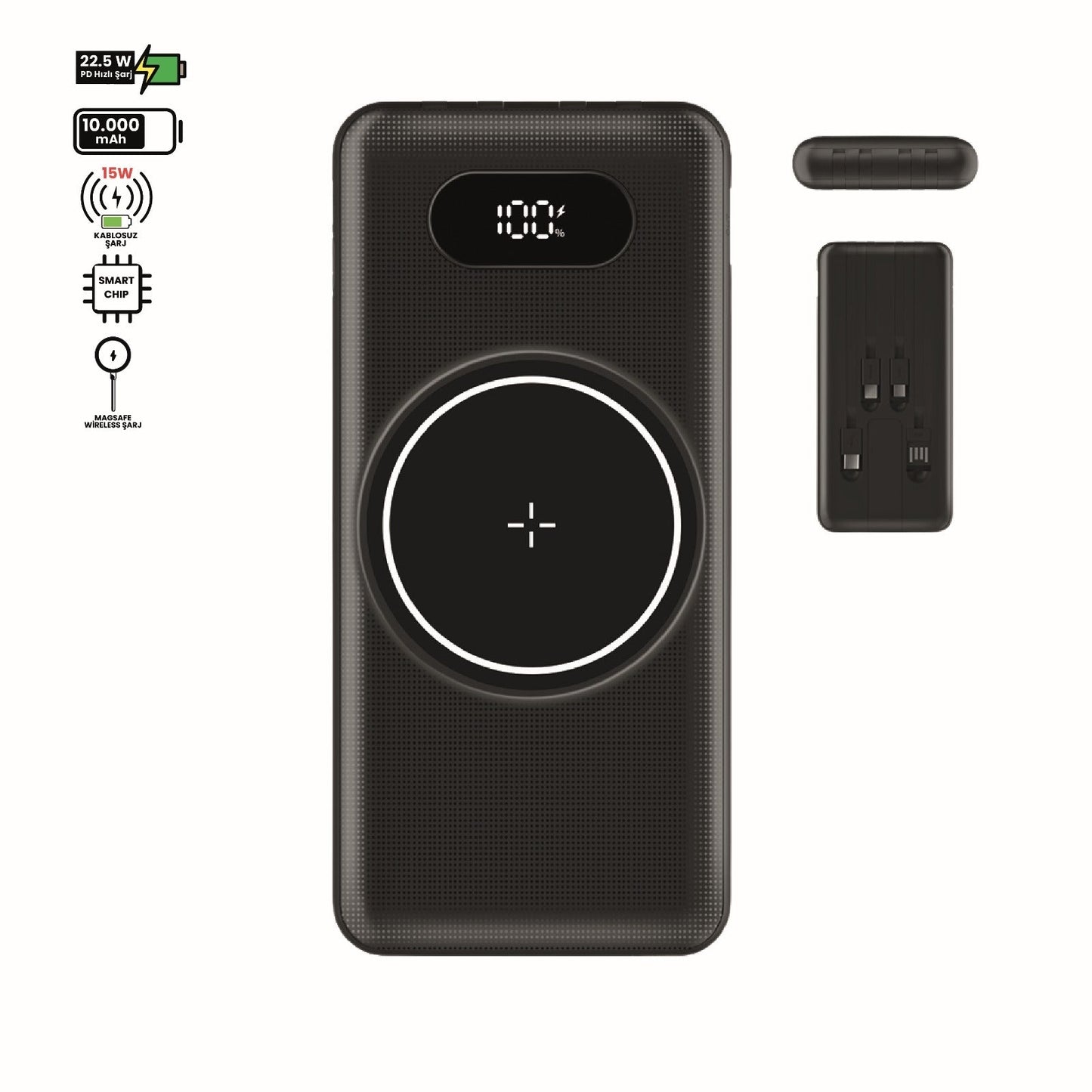 10,000mAh Power Bank with 22.5W & 15W Wireless Charging - Black Portable Charger