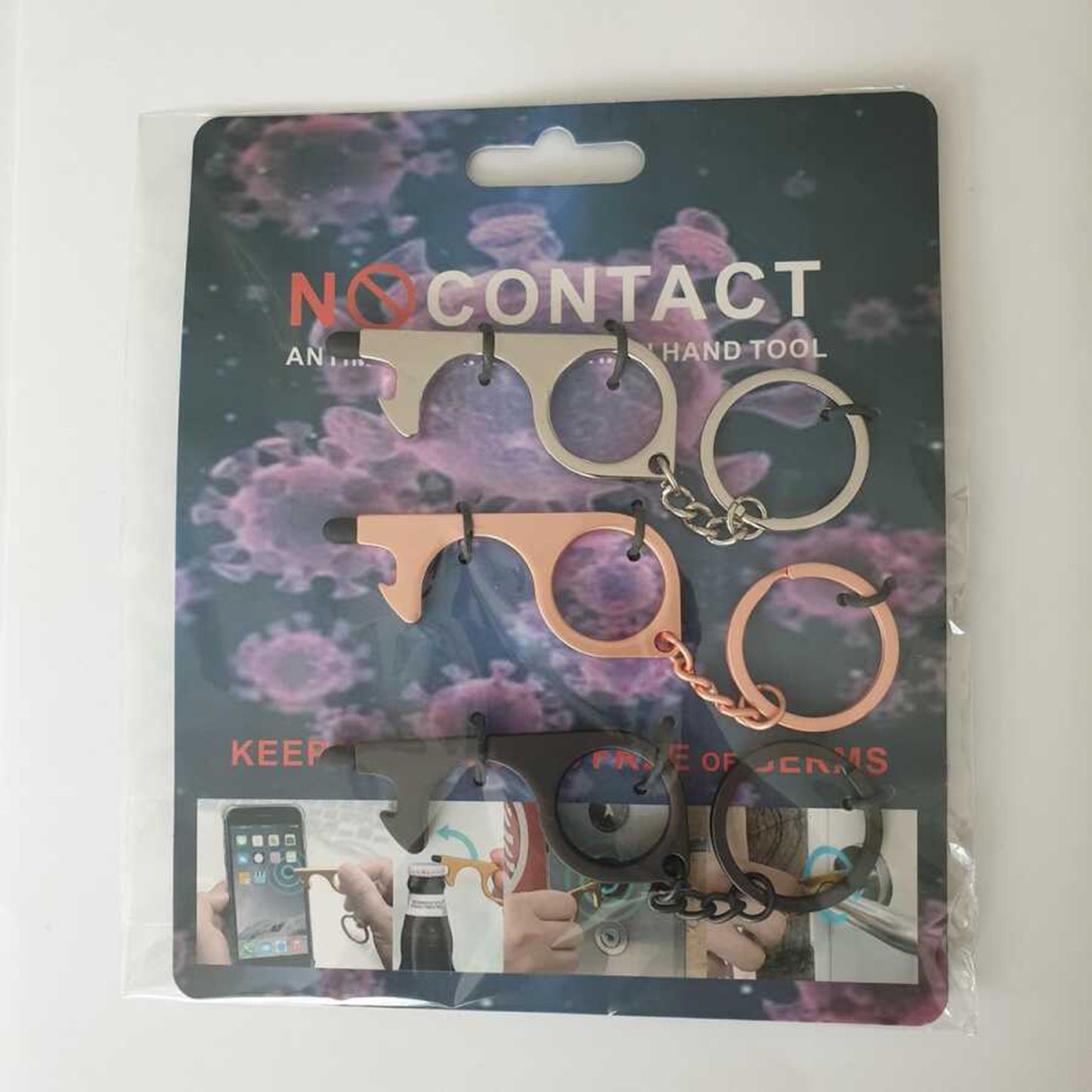 Promohigh No Touch Keychain with Cap - 3-Pack Touchscreen Friendly