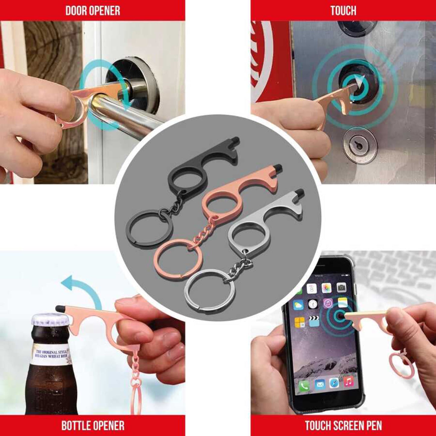 Promohigh No Touch Keychain with Cap - 3-Pack Touchscreen Friendly