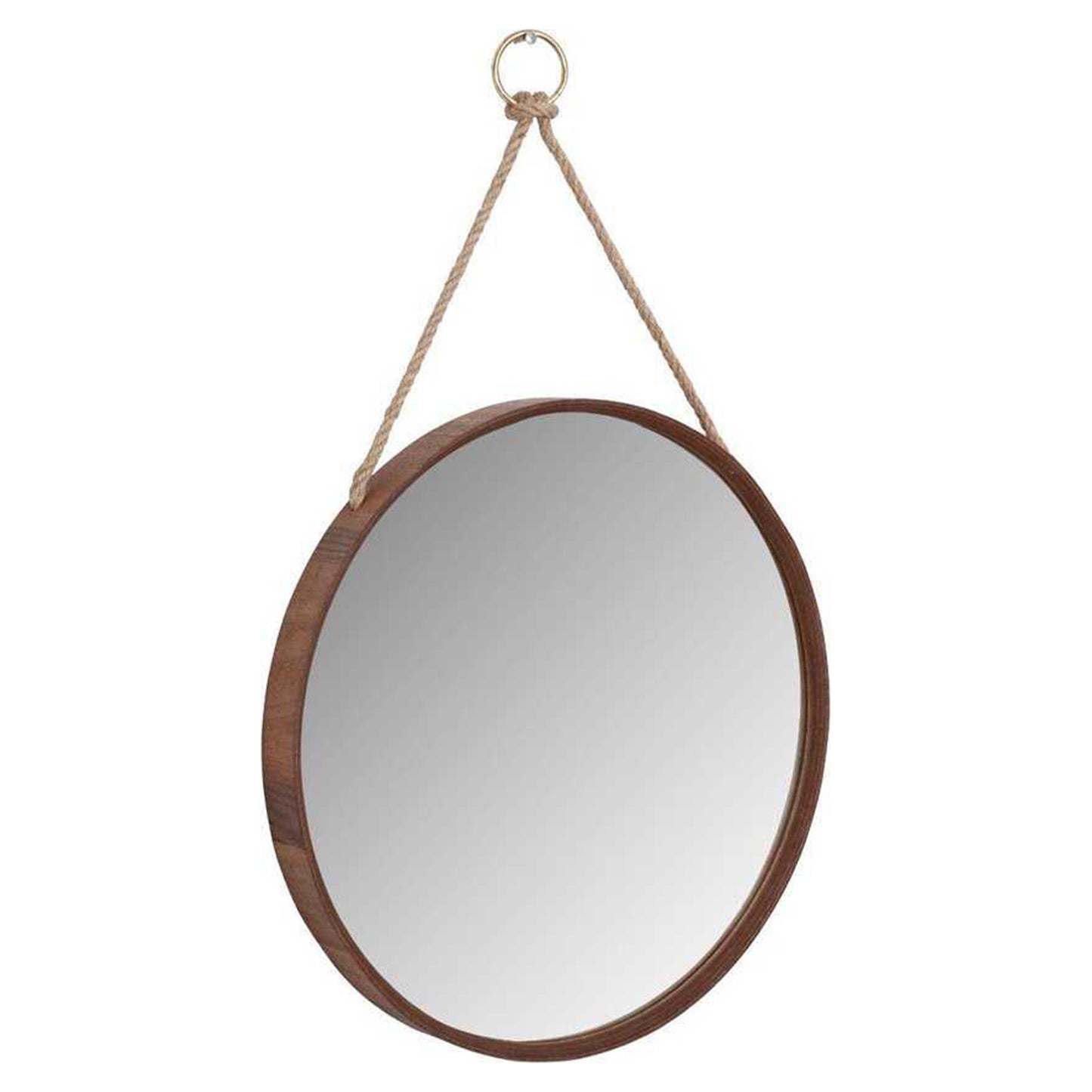 50cm Round Wall Mirror with Wooden Frame - Brown Wood Mirror with Rope Strap