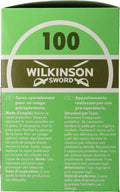 Groene doos met Wilkinson Sword logo en '100'. Tekst in het Frans en Italiaans.