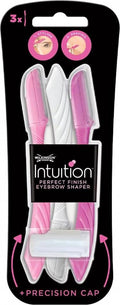 Verpakking met 3 Wilkinson Intuition wenkbrauwtrimmers, roze en wit.