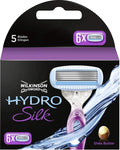 Wilkinson Sword Hydro Silk scheermesjes met 5 bladen in paars-wit. 6 navullingen met shea butter.