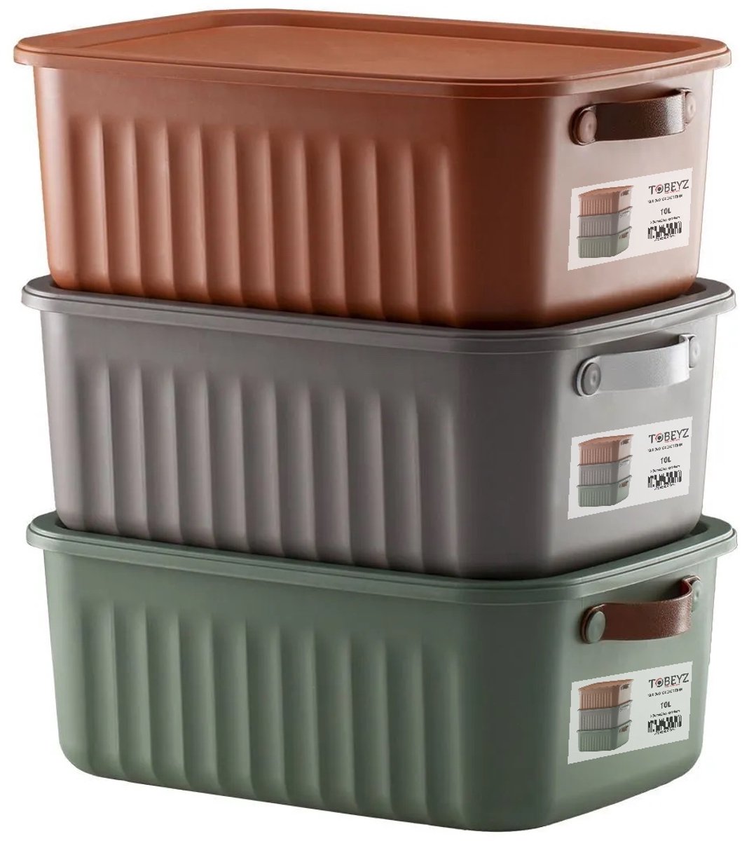 Tobeyz Storage Box 10L - BPA-Free Plastic Storage Container with Lid, Nestable &amp; Stackable Design for Bathroom, Kitchen &amp; Toy Storage in Grey, Green &amp; Brick Colors