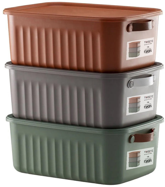 Tobeyz Storage Box 10L - BPA-Free Plastic Storage Container with Lid, Nestable &amp; Stackable Design for Bathroom, Kitchen &amp; Toy Storage in Grey, Green &amp; Brick Colors