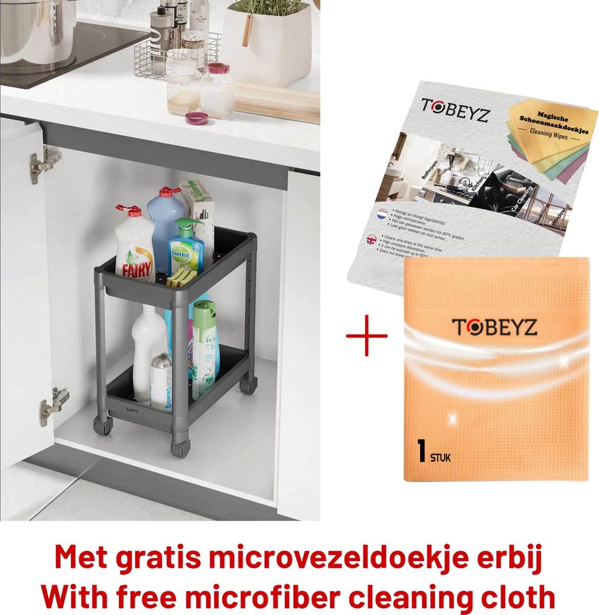 Tobeyz Keukenorganizers - Onder de gootsteen kastorganizer Zwart Antraciet, Tweelaags kruidenrek &amp; Badkamerorganizer met schuifladen
