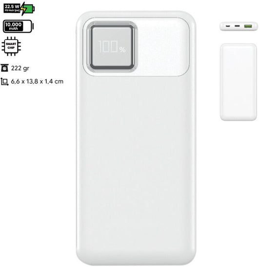 ElectroX Premium Powerbank - 10000 mAh met 22,5W snelladen, universele USB-A- en USB-C-poorten voor smartphones, tablets en gadgets, witte draagbare reislader 