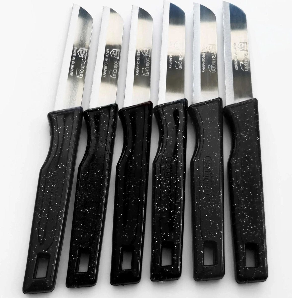 Premium Solingen 6-Piece Black Glitter Serrated Tomato Knife Set - 18.5cm Stainless Steel with Blade Covers