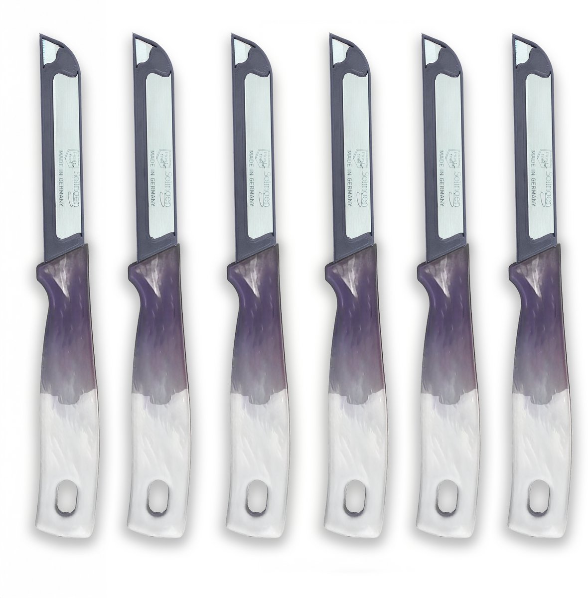 Solingen Serrated Knife - Vegetable and Tomato Knife 18.5cm with Blade Cover Ergonomic Handle Purple 6 Pieces